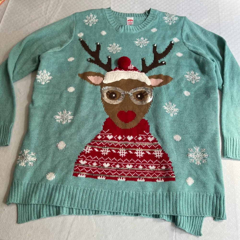 Holiday Time Reindeer Sequin Glasses Teal Ugly Christmas Sweater Womens 2X